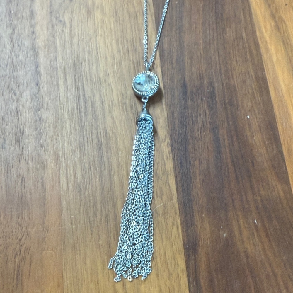 NWT Loft Silver Tone Clear Rhinestone Tassel Necklace